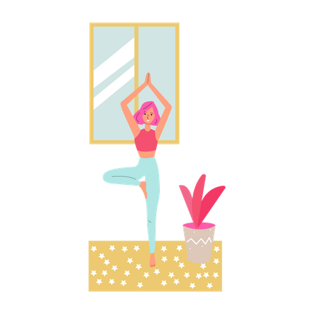 Schlanke Frau steht zu Hause in Yoga-Asana  Illustration