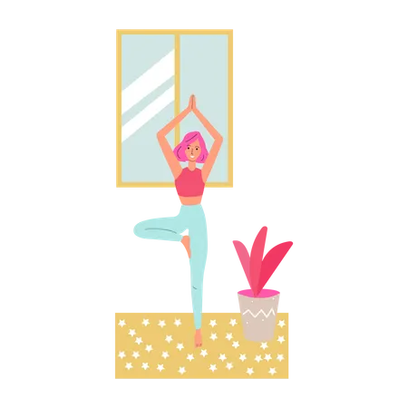 Schlanke Frau steht zu Hause in Yoga-Asana  Illustration