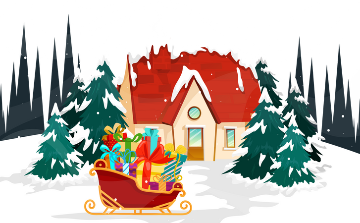 Schlitten mit Geschenkbox auf Schnee  Illustration