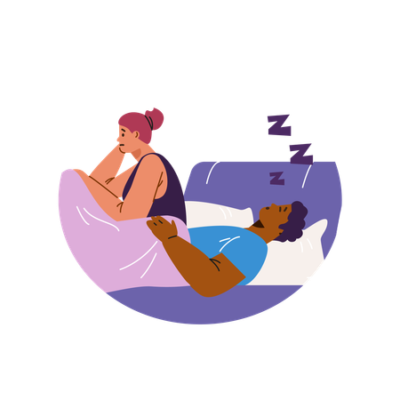 Schnarchender Mann und besorgte Frau im Bett  Illustration