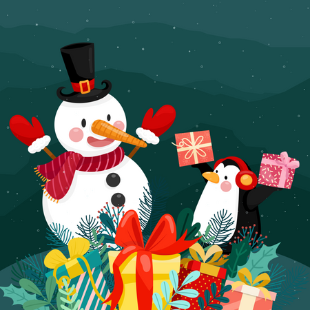 Schneemann und Pinguin mit Geschenken  Illustration