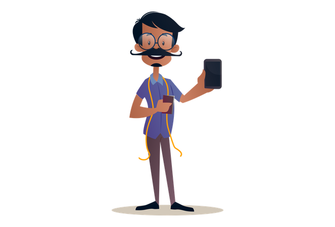 Schneider hält ein Mobiltelefon in der Hand für Werbung  Illustration