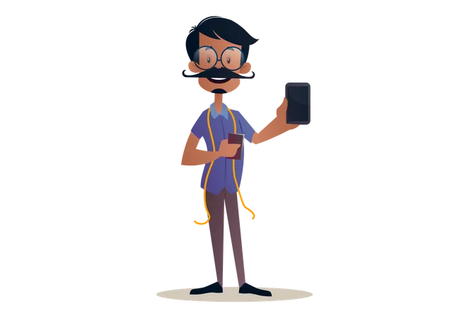 Schneider hält ein Mobiltelefon in der Hand für Werbung  Illustration