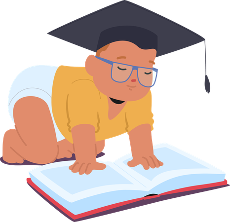 Scholarly Baby Wearing Graduation Cap with Open Book  Illustration