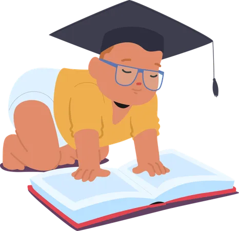 Scholarly Baby Wearing Graduation Cap with Open Book  Illustration