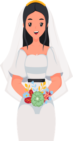 Schöne Braut stehend mit Blumenstrauß  Illustration