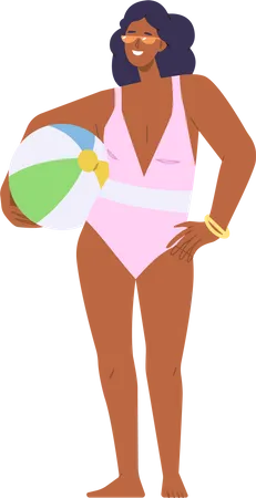 Schöne erwachsene Frau trägt Sommer Badeanzug und Sonnenbrille mit Strandball  Illustration