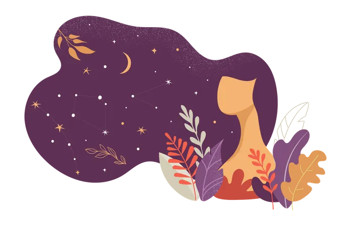 Schöne Frau mit Sternen, Blumen und Blättern geschmückt  Illustration
