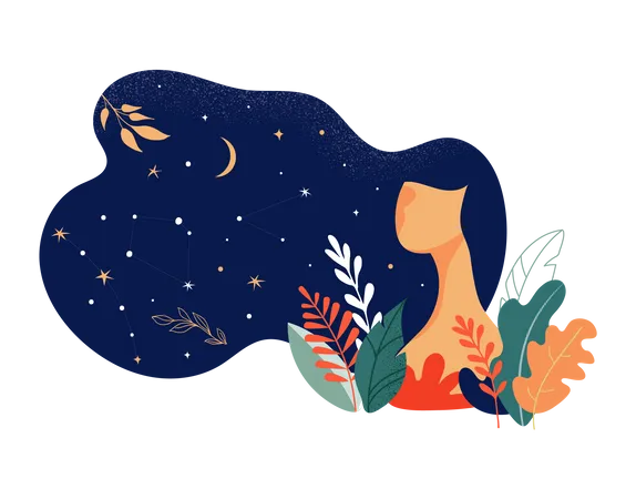 Schöne Frau mit Sternen, Blumen und Blättern geschmückt  Illustration