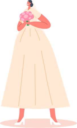 Schöne jüdische Braut im weißen Kleid mit Blumenstrauß  Illustration