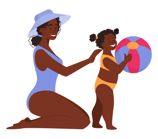 Schöne Mutter spielt mit ihrem Kind am Strand  Illustration