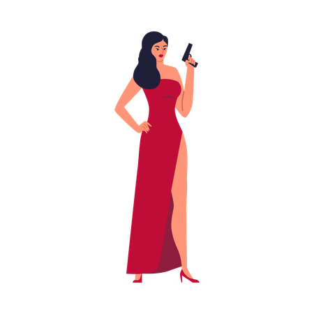 Schöne sexy Brünette Frau im roten Kleid mit Pistole bewaffnet  Illustration