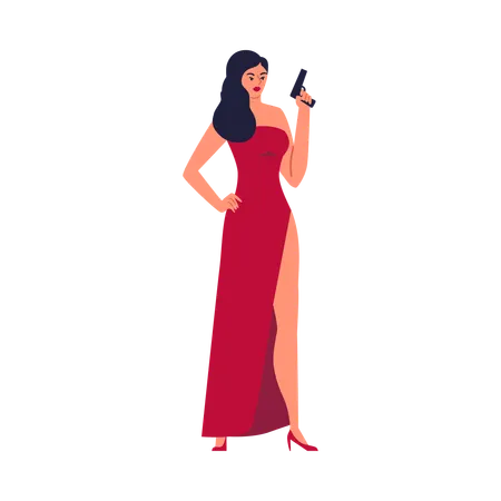 Schöne sexy Brünette Frau im roten Kleid mit Pistole bewaffnet  Illustration