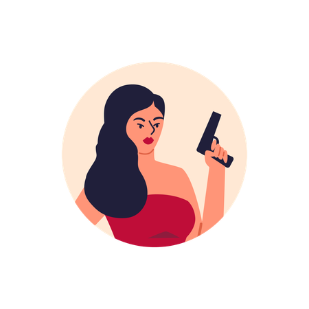 Schöne sexy Brünette Frau im roten Kleid mit Pistole bewaffnet  Illustration