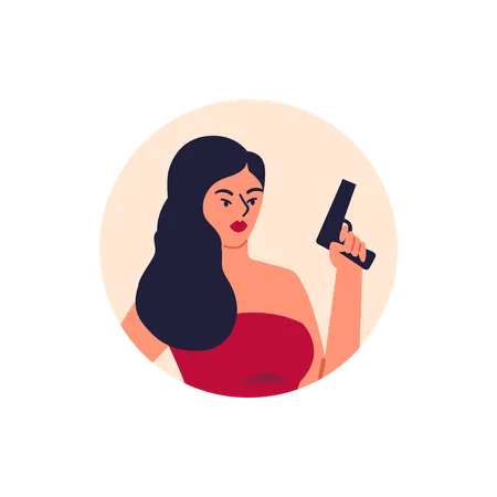 Schöne sexy Brünette Frau im roten Kleid mit Pistole bewaffnet  Illustration