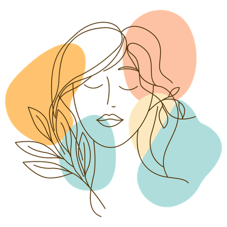 Schönes Mädchen mit Naturblatt in Strichzeichnungen  Illustration