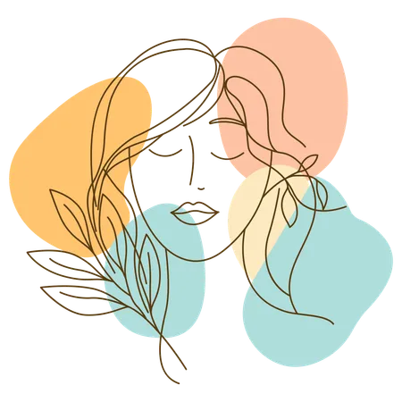 Schönes Mädchen mit Naturblatt in Strichzeichnungen  Illustration