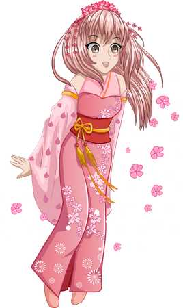 Schönes Mädchen trägt rosa Kimono mit Kirschblüten  Illustration