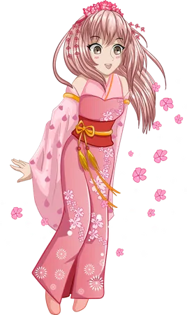 Schönes Mädchen trägt rosa Kimono mit Kirschblüten  Illustration