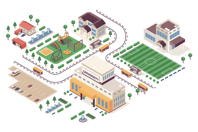 School Learning Concept 3 D Isometric Web Infographic Workflow Process Infrastructure Map With Kindergarten University Buildings Playground Court Vector Illustration In Isometry Graphic Design Illustration