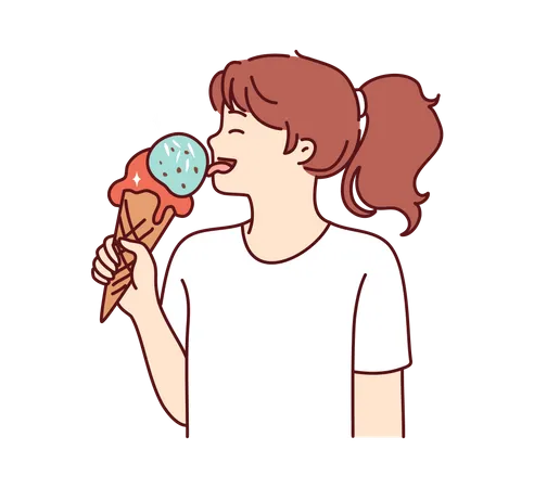 School-age girl licks large ice cream in waffle cone  Illustration