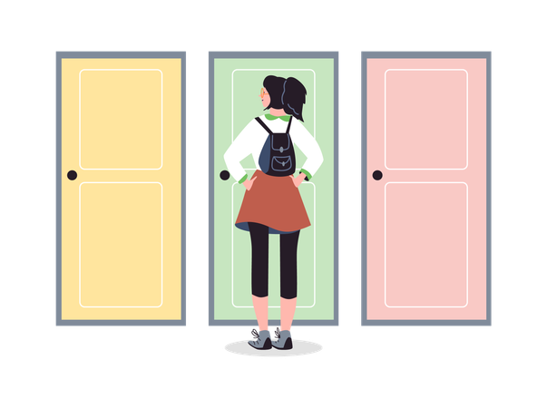 School age girl standing behind closed doors  Illustration