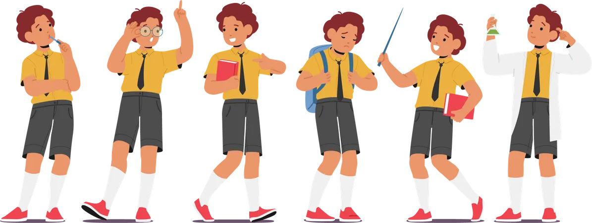 School Boy Character Different Poses And Expressions Child Thinking Show Thumb Up Carry Book Learn Chemistry Schoolkid Holding Pointer And Having Idea Cartoon People Vector Illustration Illustration