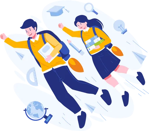 School Boy and Girl are flying towards school  Illustration