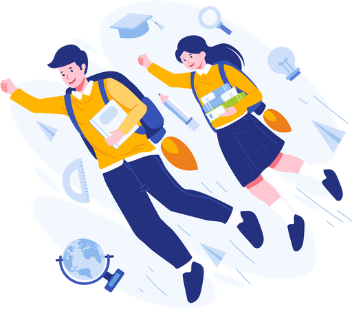School Boy and Girl are flying towards school  イラスト