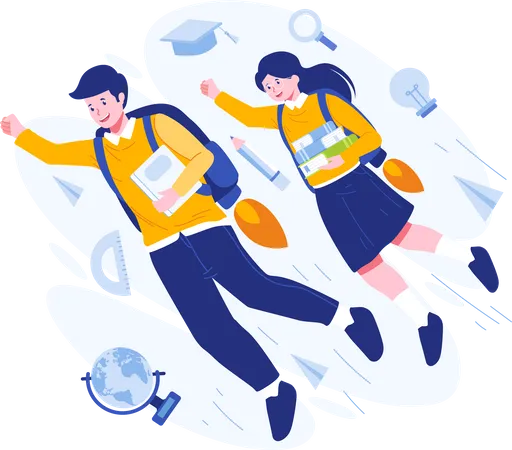 Back To School Concept Illustration A School Boy And A School Girl Are Flying On Rockets In Backpacks To Back To School Illustration