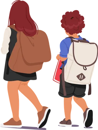 Rear View Of Schoolchildren Boy And Girl Characters With Backpacks And Books Walking Towards School Filled With Excitement And Curiosity For The Day Ahead Cartoon People Vector Illustration 일러스트레이션