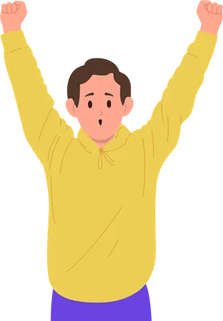 School boy cheering rejoicing with raised hands up  Illustration