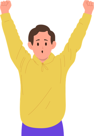 School boy cheering rejoicing with raised hands up  일러스트레이션