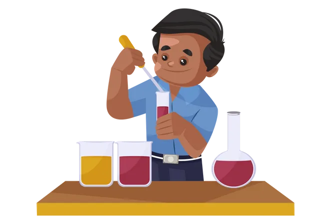 School boy doing experiment in chemistry lab  Illustration