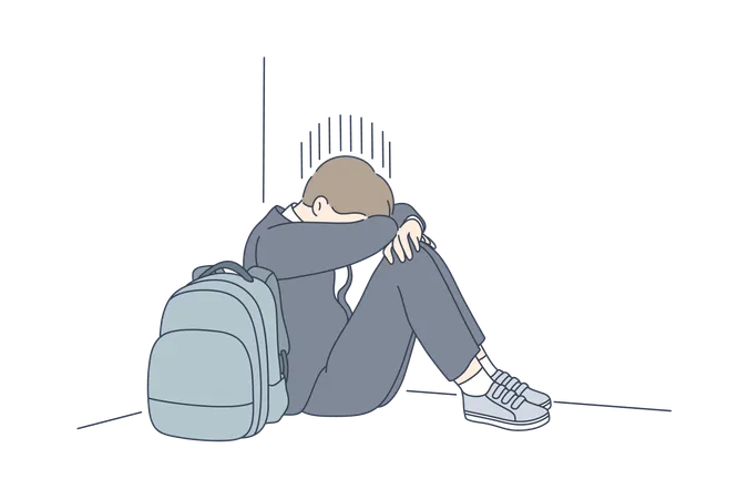 Despair Frustration Depression Mental Stress Bullying Concept Young Desperate Frustrated Depressed Child Schoolboy Sitting In Corner Crying Negative Emotions Headache Or Migraine And Bad News Illustration
