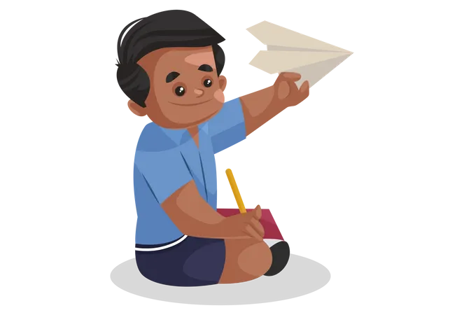 School boy flying paper plane Illustration