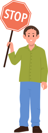 School boy holding stop prohibition road traffic sign  Illustration