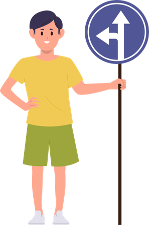 School boy holding turn and straight road traffic sign  Illustration