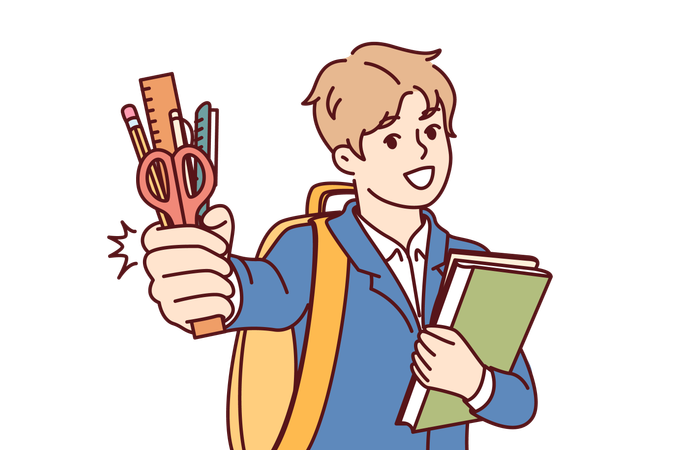 School boy holds stationery tools  Illustration