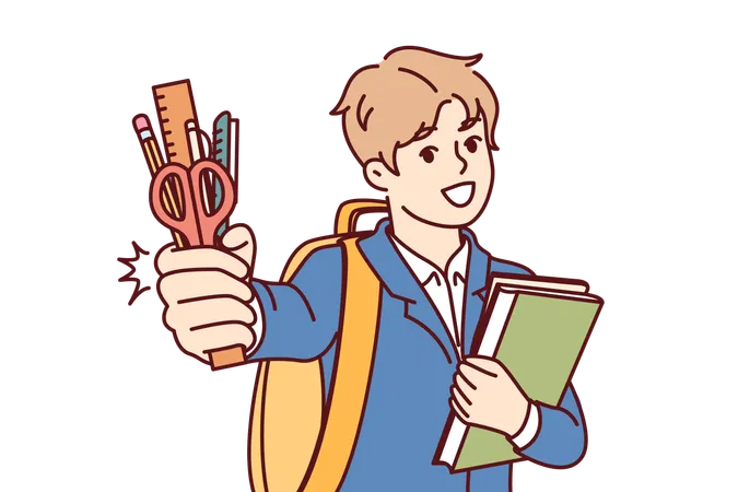 Little Boy From Elementary School With Smile Demonstrates Stationery And Books Standing With Backpack Concept Of Back To School With Child Going To First Grade And Rejoicing At Onset Of September Illustration