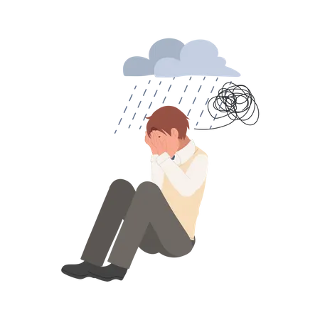 Sad Lonely Asian High School Boy In Depression Young Unhappy Boy Sitting And Cry Depressed In Teenager Flat Vector Cartoon Illustration Illustration