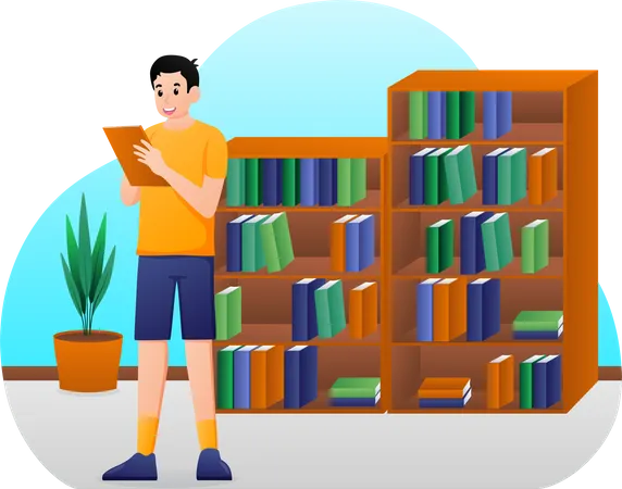 School boy in library  Illustration