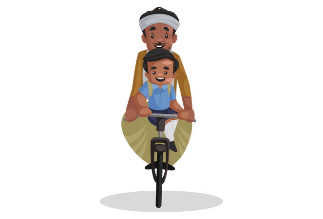 School boy is sitting on the cycle with his father Illustration
