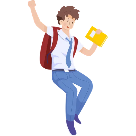 School boy jumping while holding books  Illustration