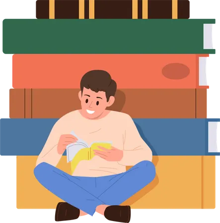 Interested Curious School Boy Child Student Flat Cartoon Character Reading Feeling Inspiration While Sitting Nearby Big Textbook Stack Vector Illustration Smart Bookworm Learning New Information Illustration