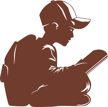 School Boy Reading Quietly With Bag on His Back  Illustration