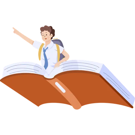 School boy sitting on a book while pointing  Illustration