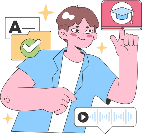 School boy watching graduation videos online  Illustration