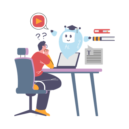 School boy with laptop studying with chat bot  Illustration