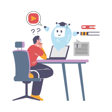 School boy with laptop studying with chat bot  Illustration